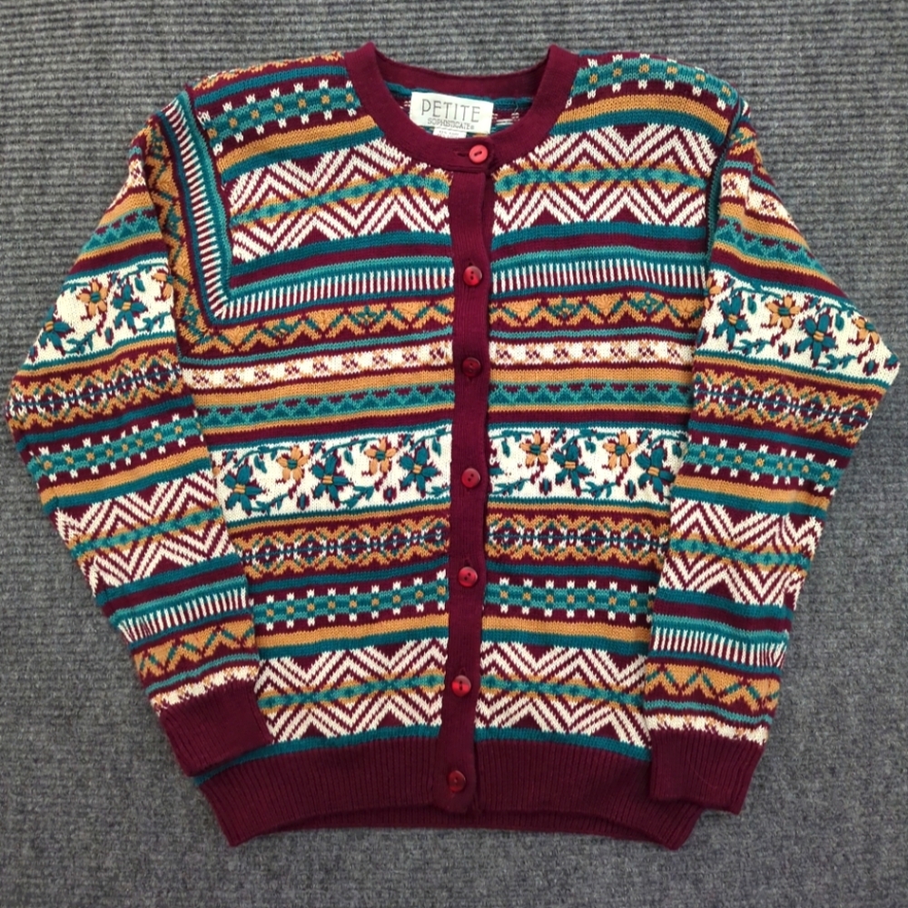 NWOT 90s Petite Fair Isle Cardigan Women’s Small, Cotton, Cabincore, Holiday